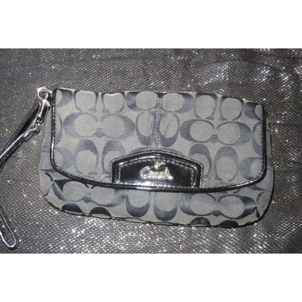 Coach Black Signature C Jacquard Canvas & Leather Trim Sufflette Flap Wristlet